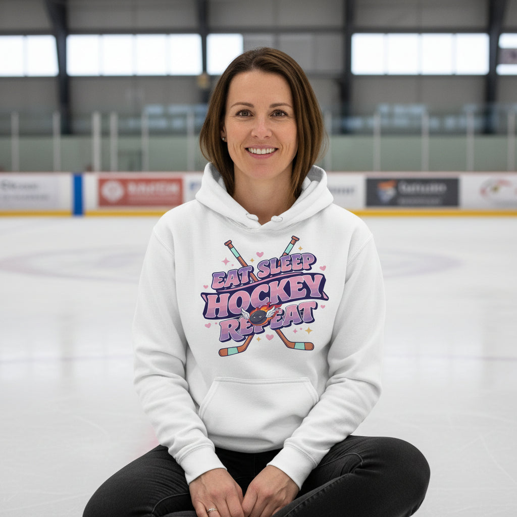 Eat Sleep Hockey Repeat Retro Hoodie for Women – Cute Pink Hockey Lover Sports Design WHITE - FRONT