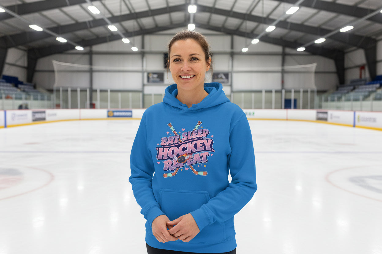 Eat Sleep Hockey Repeat Retro Hoodie for Women – Cute Pink Hockey Lover Sports Design Royal - FRONT