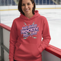 Eat Sleep Hockey Repeat Retro Hoodie for Women – Cute Pink Hockey Lover Sports Design RED - FRONT