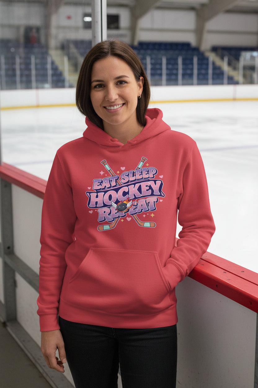 Eat Sleep Hockey Repeat Retro Hoodie for Women – Cute Pink Hockey Lover Sports Design RED - FRONT