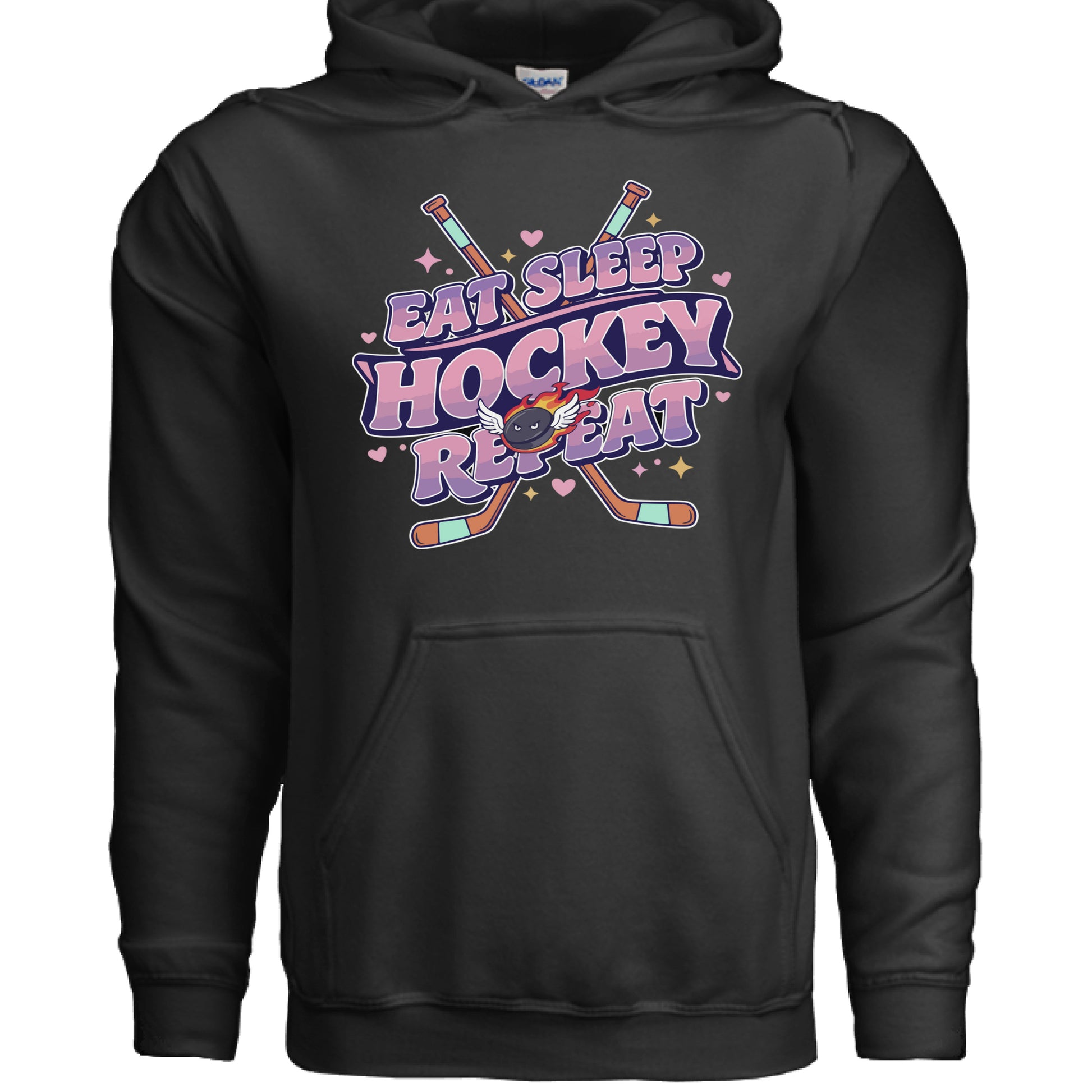 Eat Sleep Hockey Repeat Retro Hoodie for Women – Cute Pink Hockey Lover Sports Design BLACK - FRONT
