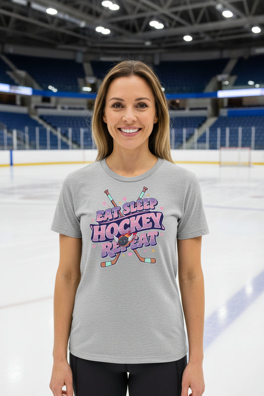 Eat Sleep Hockey Repeat Retro T-Shirt for Women – Cute Pink Hockey Lover Sports Design ATHLETIC HEATHER - FRONT