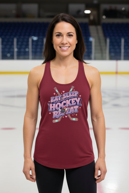 Eat Sleep Hockey Repeat Retro Tank Top for Women – Cute Pink Hockey Lover Sports Design Scarlet - FRONT