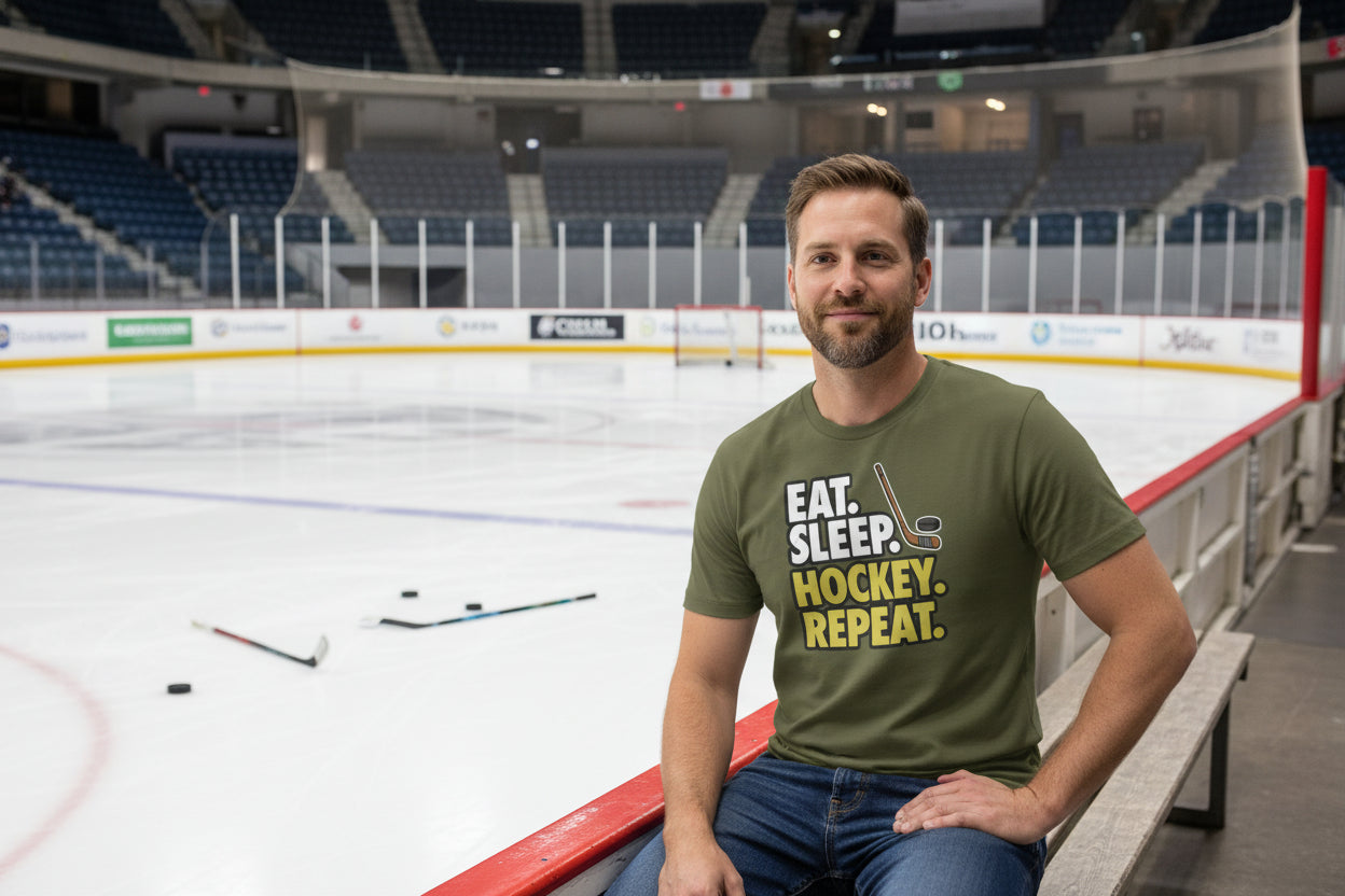 Eat Sleep Hockey Repeat T-Shirt for Men - Athlete Lifestyle MILITARY GREEN - FRONT