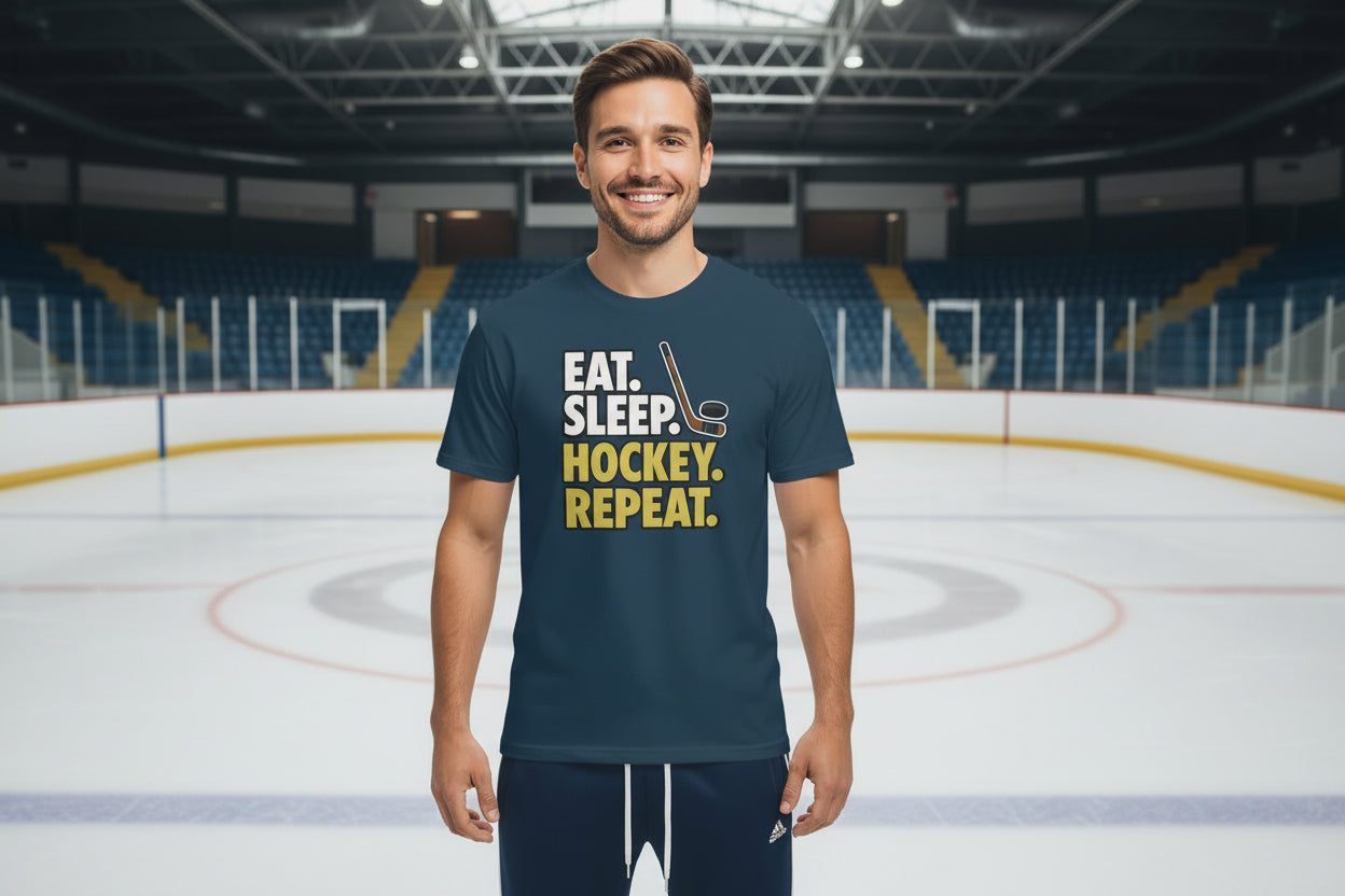 Eat Sleep Hockey Repeat T-Shirt for Men - Athlete Lifestyle MIDNIGHT NAVY - FRONT