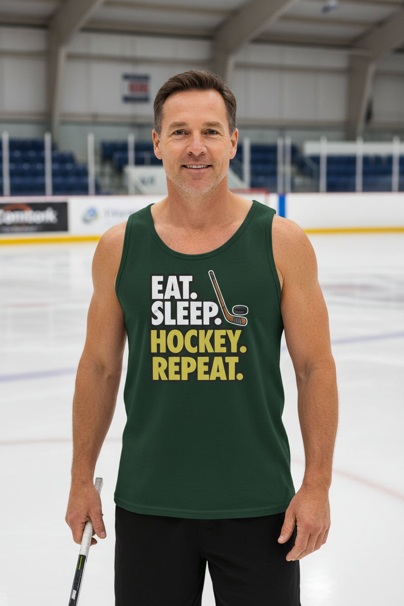 Eat Sleep Hockey Repeat Tank Top for Men - Athlete Lifestyle Forest - FRONT