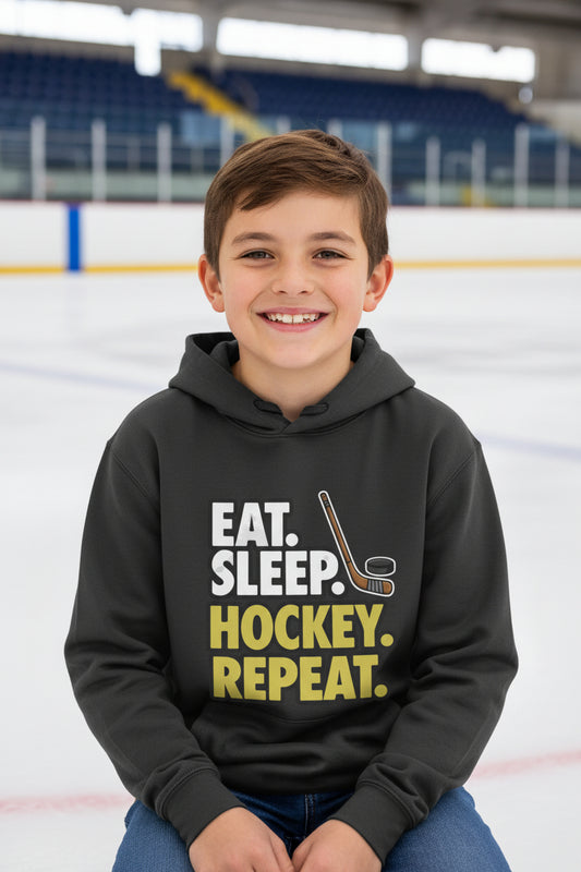Eat Sleep Hockey Repeat Youth Funny Sports Motivation Hoodie for Kids Athletes Black - YST358 - FRONT