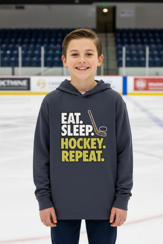 Eat Sleep Hockey Repeat Youth Funny Sports Motivation Hoodie for Kids Athletes True Navy - YST358 - FRONT