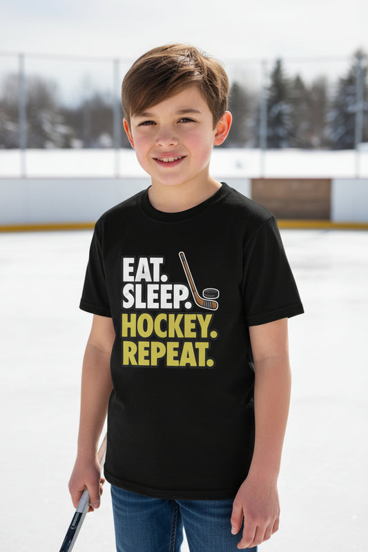 Eat Sleep Hockey Repeat Youth Funny Sports Motivation T-Shirt for Kids Athletes Black - G640B - FRONT