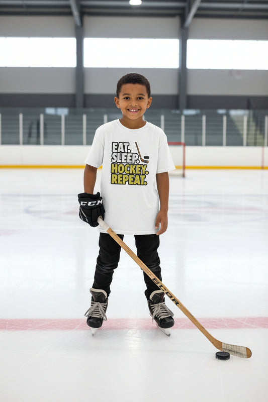 Eat Sleep Hockey Repeat Youth Funny Sports Motivation T-Shirt for Kids Athletes WHITE - G640B - FRONT