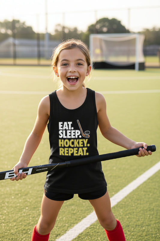 Eat Sleep Hockey Repeat Youth Funny Sports Motivation Tank Top for Kids Athletes Solid Black Triblend - 3480YCV - FRONT