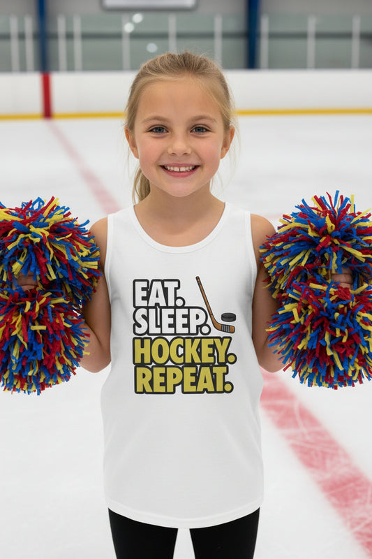 Eat Sleep Hockey Repeat Youth Funny Sports Motivation Tank Top for Kids Athletes Solid White Triblend - 3480YCV - FRONT