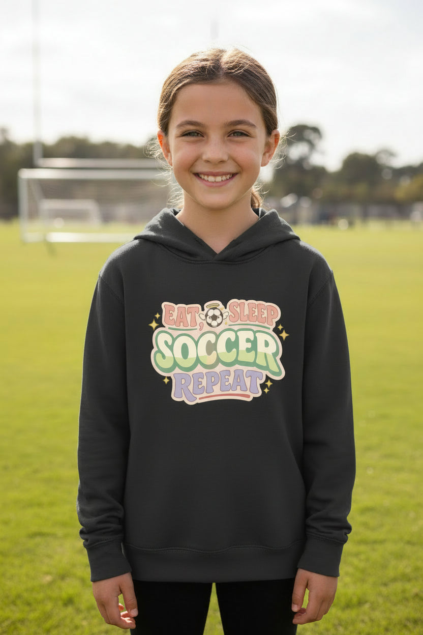 Eat Sleep Soccer Repeat Cute Pastel Athletic Graphic Hoodie Black - FRONT