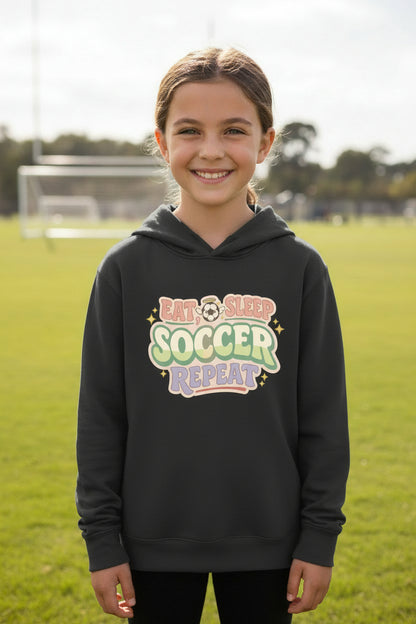 Eat Sleep Soccer Repeat Cute Pastel Athletic Graphic Hoodie Black - FRONT