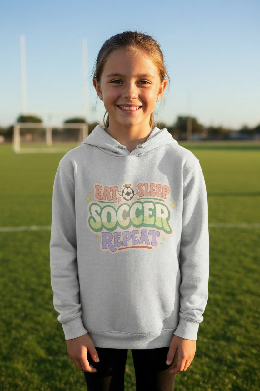 Eat Sleep Soccer Repeat Cute Pastel Athletic Graphic Hoodie Silver - FRONT