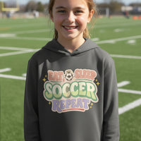 Eat Sleep Soccer Repeat Cute Pastel Athletic Graphic Hoodie Iron Grey - FRONT
