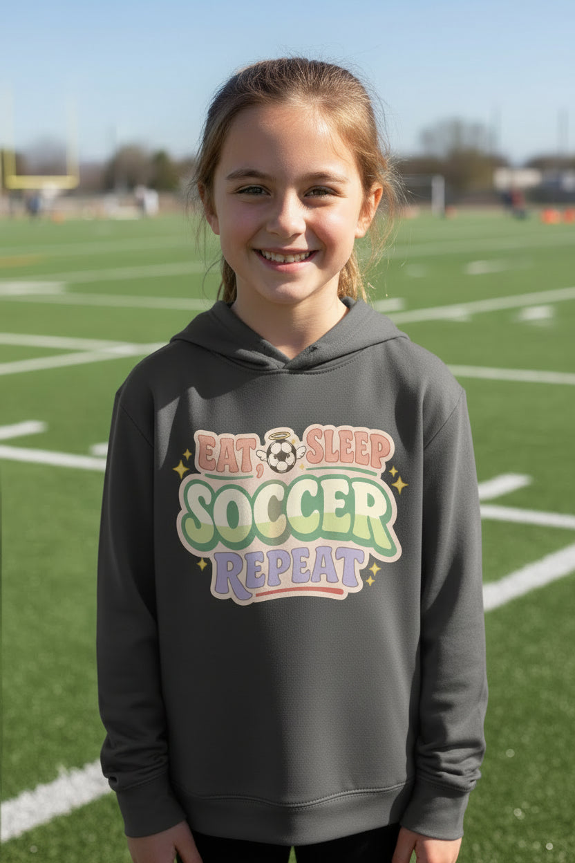 Eat Sleep Soccer Repeat Cute Pastel Athletic Graphic Hoodie Iron Grey - FRONT