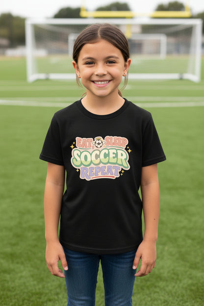 Eat Sleep Soccer Repeat Cute Pastel Athletic Graphic T-Shirt Black - FRONT