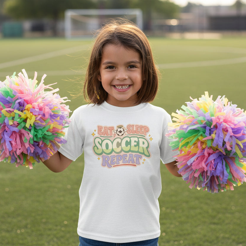 Eat Sleep Soccer Repeat Cute Pastel Athletic Graphic T-Shirt WHITE - FRONT