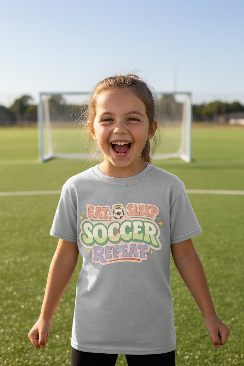 Eat Sleep Soccer Repeat Cute Pastel Athletic Graphic T-Shirt Sport Grey - FRONT