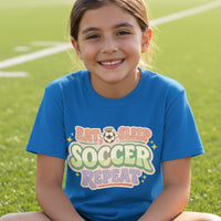 Eat Sleep Soccer Repeat Cute Pastel Athletic Graphic T-Shirt Royal - FRONT