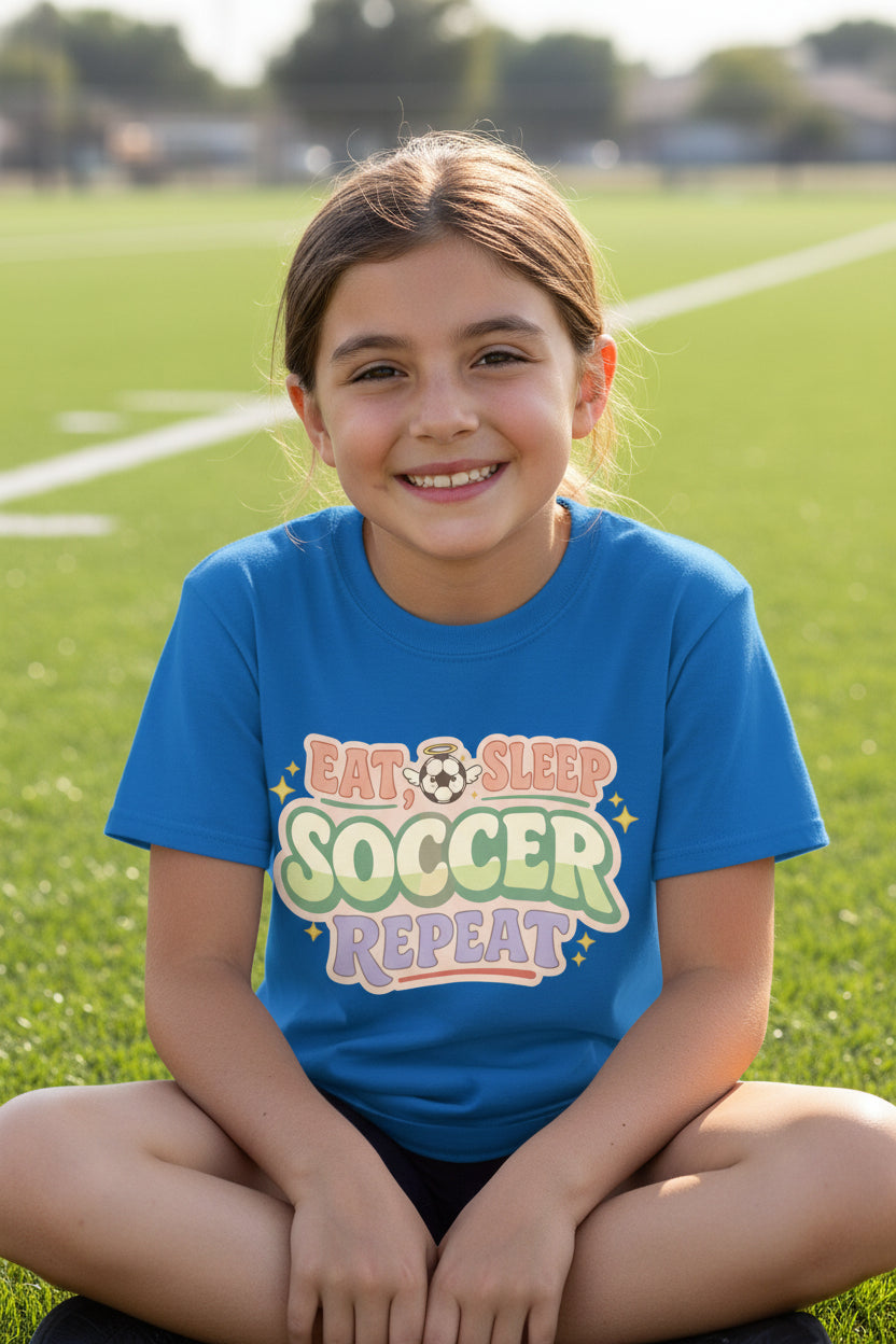Eat Sleep Soccer Repeat Cute Pastel Athletic Graphic T-Shirt Royal - FRONT