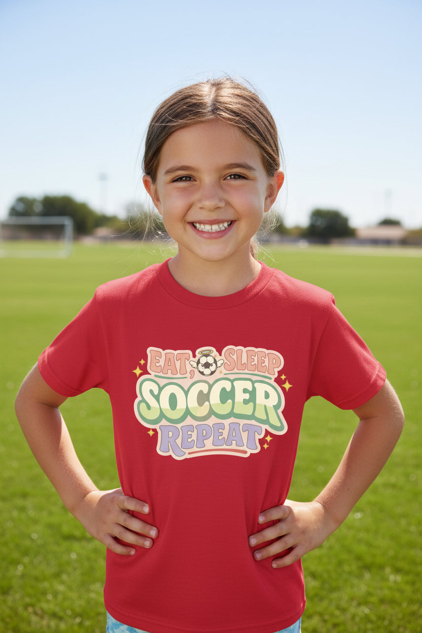 Eat Sleep Soccer Repeat Cute Pastel Athletic Graphic T-Shirt Red - FRONT