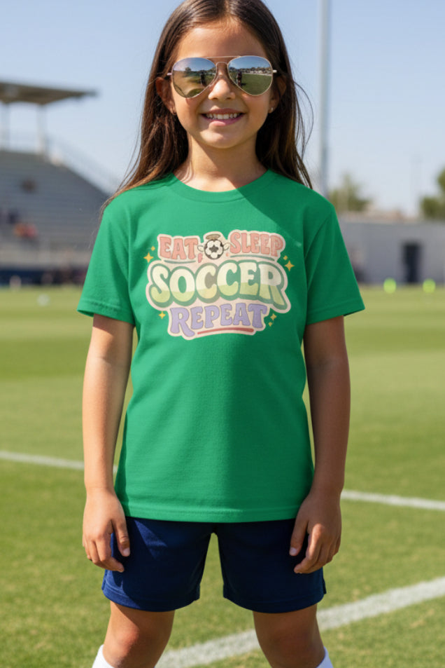 Eat Sleep Soccer Repeat Cute Pastel Athletic Graphic T-Shirt Irish Green - FRONT