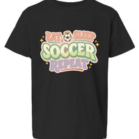 Eat Sleep Soccer Repeat Cute Pastel Athletic Graphic T-Shirt Black- FRONT
