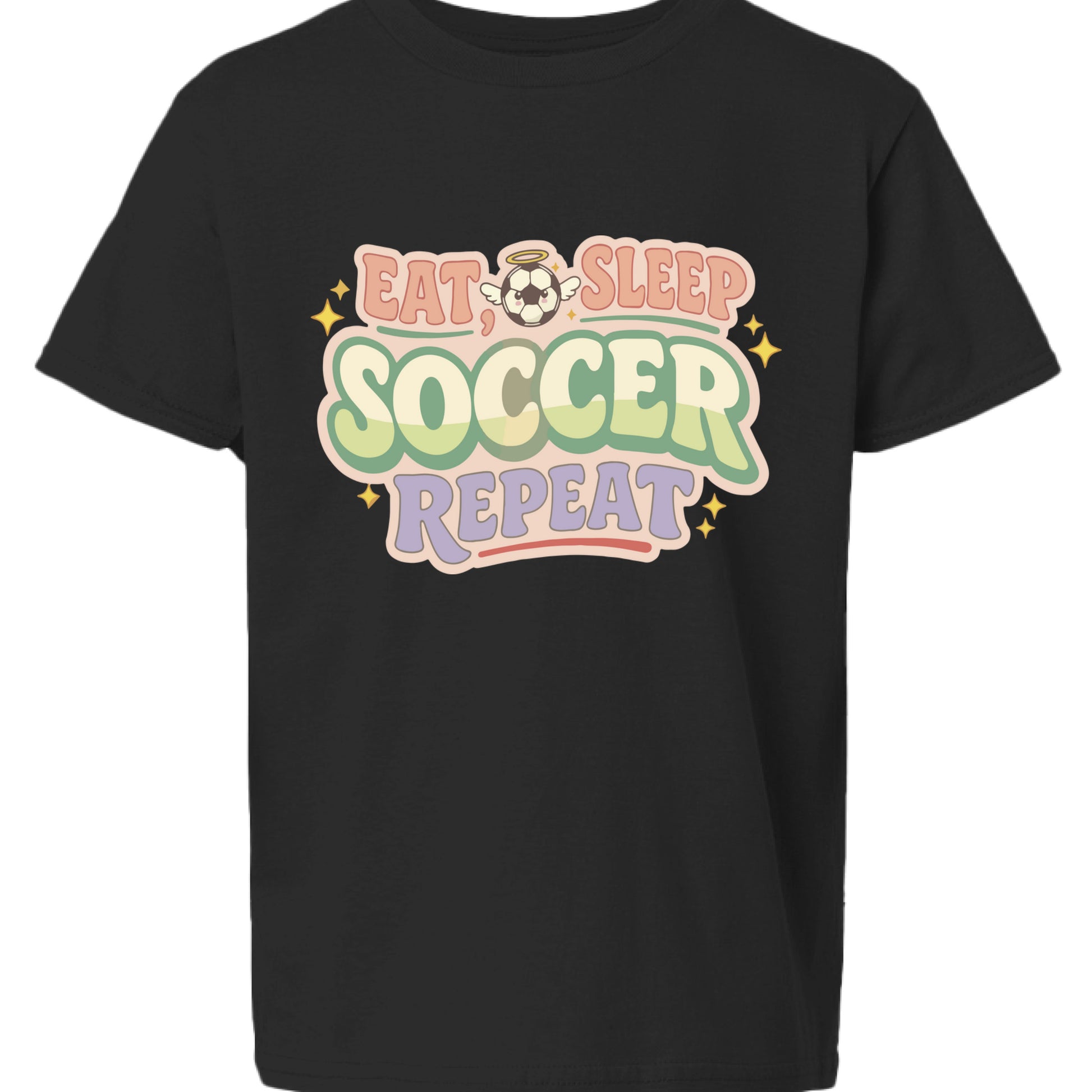 Eat Sleep Soccer Repeat Cute Pastel Athletic Graphic T-Shirt Black- FRONT