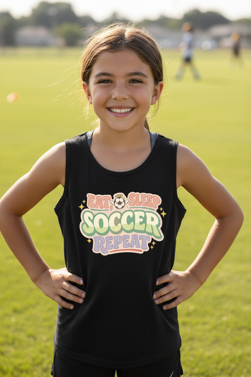 Eat Sleep Soccer Repeat Cute Pastel Athletic Graphic Tank Top Solid Black Triblend - FRONT