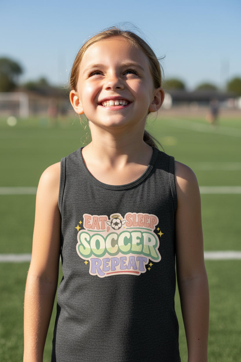 Eat Sleep Soccer Repeat Cute Pastel Athletic Graphic Tank Top DARK GREY HEATHER - FRONT