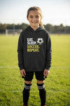 Eat Sleep Soccer Repeat Youth Funny Sports Motivation Hoodie for Kids Athletes Black - YST358 - FRONT