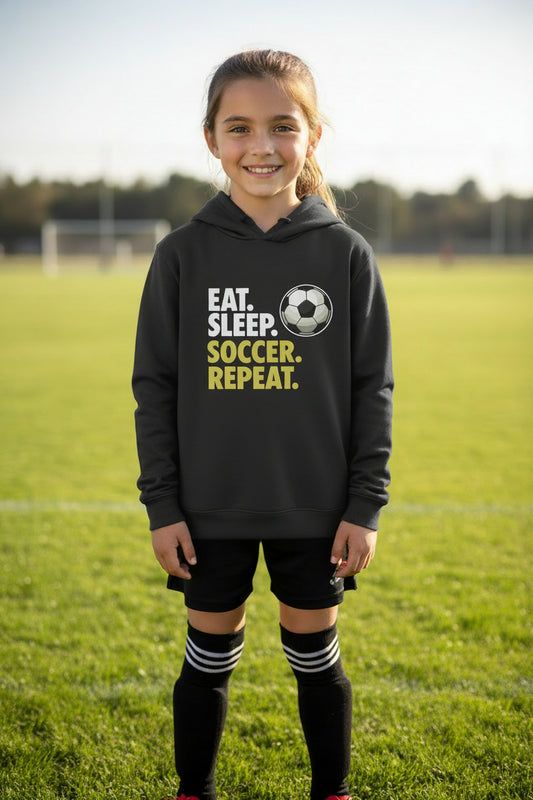 Eat Sleep Soccer Repeat Youth Funny Sports Motivation Hoodie for Kids Athletes Black - YST358 - FRONT