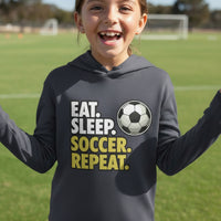 Eat Sleep Soccer Repeat Youth Funny Sports Motivation Hoodie for Kids Athletes True Navy - YST358 - FRONT