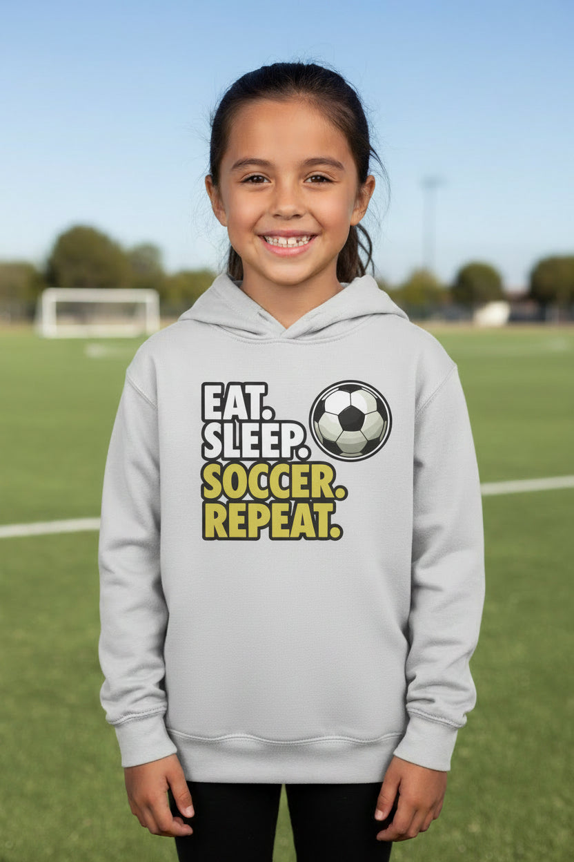 Eat Sleep Soccer Repeat Youth Funny Sports Motivation Hoodie for Kids Athletes Silver - YST358 - FRONT