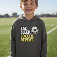 Eat Sleep Soccer Repeat Youth Funny Sports Motivation Hoodie for Kids Athletes Iron Grey - YST358 - FRONT