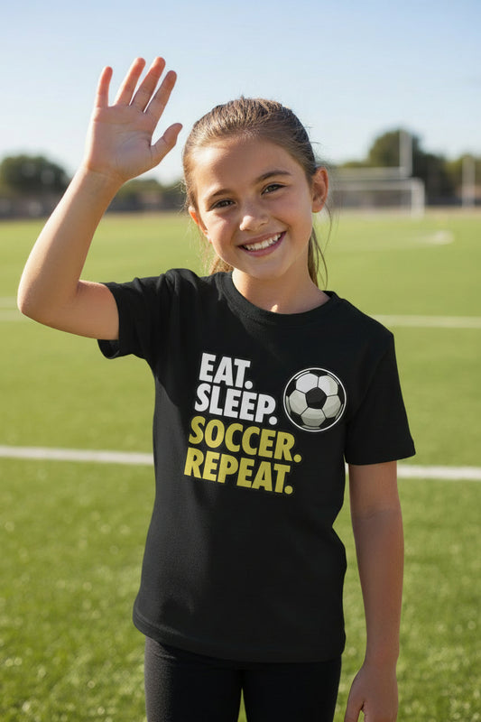 Eat Sleep Soccer Repeat Youth Funny Sports Motivation T-Shirt for Kids Athletes Black - G640B - FRONT