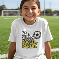 Eat Sleep Soccer Repeat Youth Funny Sports Motivation T-Shirt for Kids Athletes WHITE - G640B - FRONT