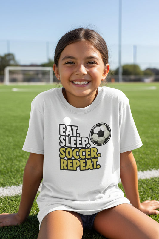 Eat Sleep Soccer Repeat Youth Funny Sports Motivation T-Shirt for Kids Athletes WHITE - G640B - FRONT