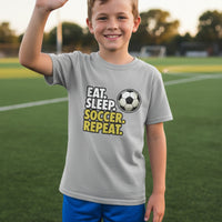 Eat Sleep Soccer Repeat Youth Funny Sports Motivation T-Shirt for Kids Athletes Sport Grey - G640B - FRONT