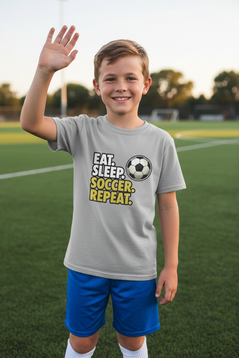 Eat Sleep Soccer Repeat Youth Funny Sports Motivation T-Shirt for Kids Athletes Sport Grey - G640B - FRONT
