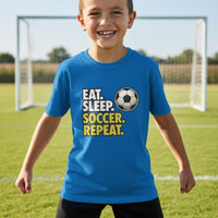 Eat Sleep Soccer Repeat Youth Funny Sports Motivation T-Shirt for Kids Athletes Royal - G640B - FRONT