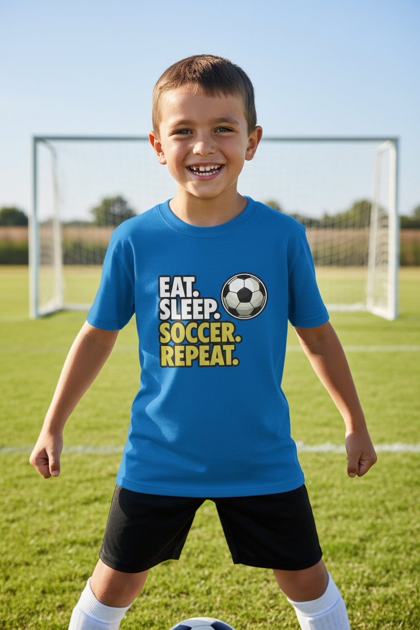 Eat Sleep Soccer Repeat Youth Funny Sports Motivation T-Shirt for Kids Athletes Royal - G640B - FRONT