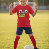Eat Sleep Soccer Repeat Youth Funny Sports Motivation T-Shirt for Kids Athletes Red - G640B - FRONT