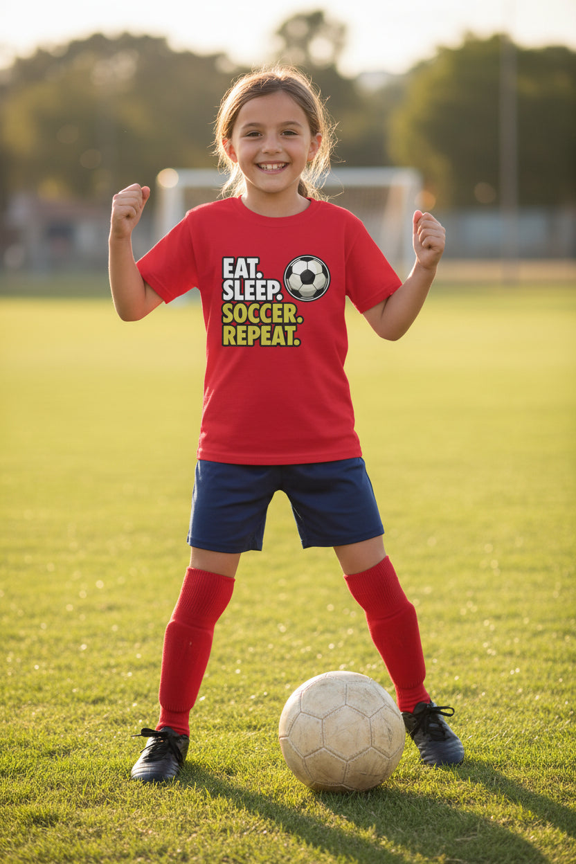 Eat Sleep Soccer Repeat Youth Funny Sports Motivation T-Shirt for Kids Athletes Red - G640B - FRONT