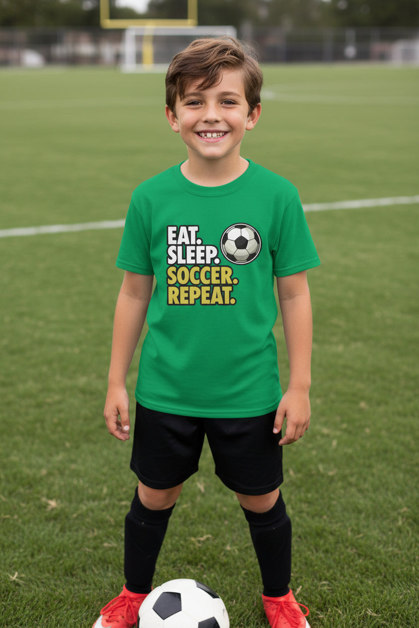 Eat Sleep Soccer Repeat Youth Funny Sports Motivation T-Shirt for Kids Athletes Irish Green - G640B - FRONT