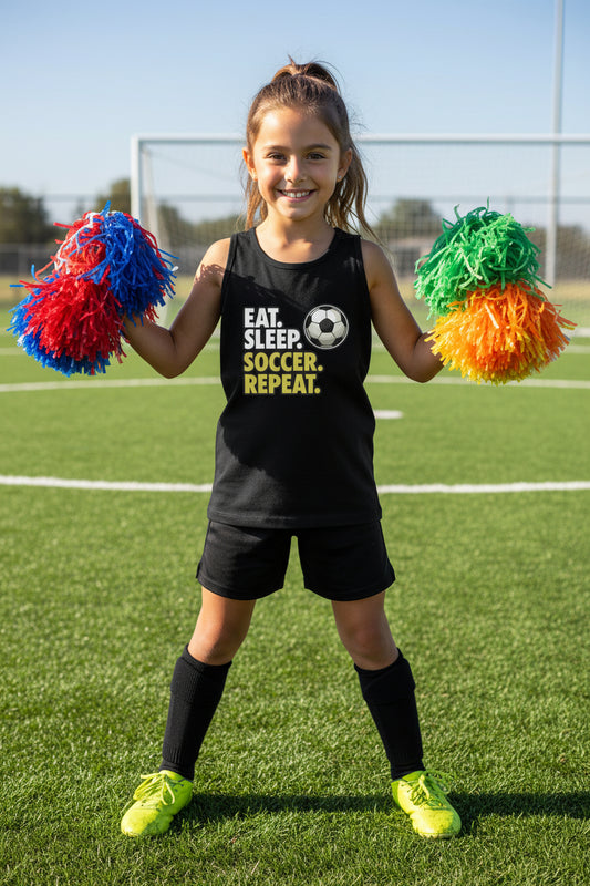 Eat Sleep Soccer Repeat Youth Funny Sports Motivation Tank Top for Kids Athletes Solid Black Triblend - 3480YCV - FRONT