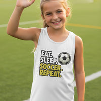 Eat Sleep Soccer Repeat Youth Funny Sports Motivation Tank Top for Kids Athletes Solid White Triblend - 3480YCV - FRONT