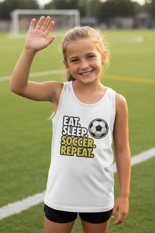 Eat Sleep Soccer Repeat Youth Funny Sports Motivation Tank Top for Kids Athletes Solid White Triblend - 3480YCV - FRONT